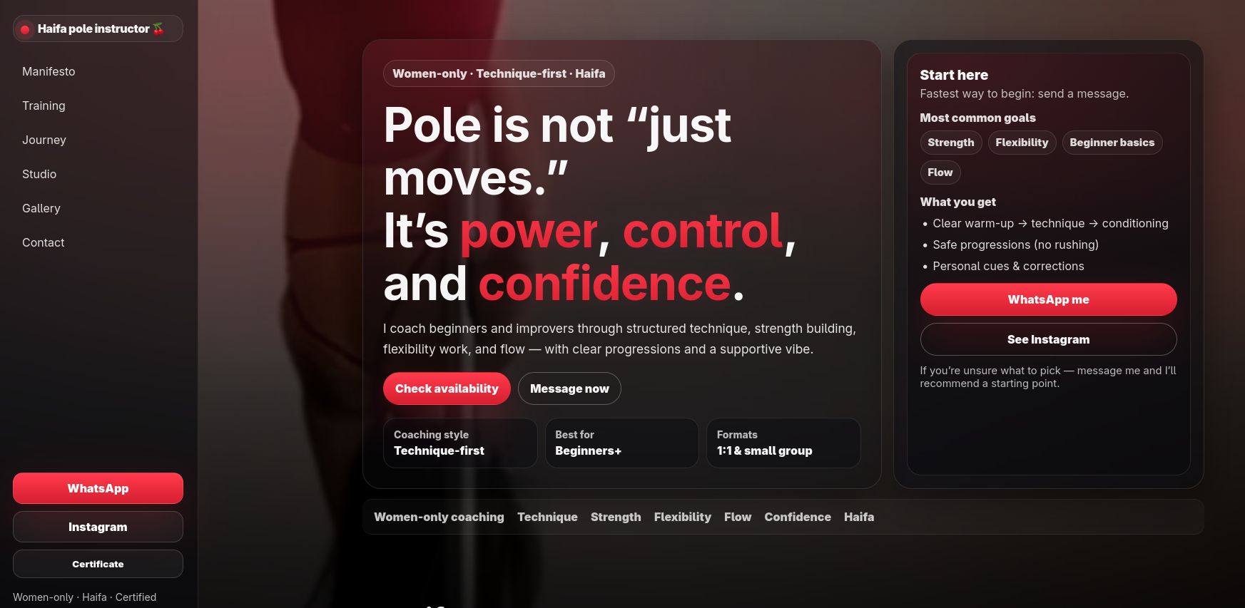 Landing page for a pole dance instructor